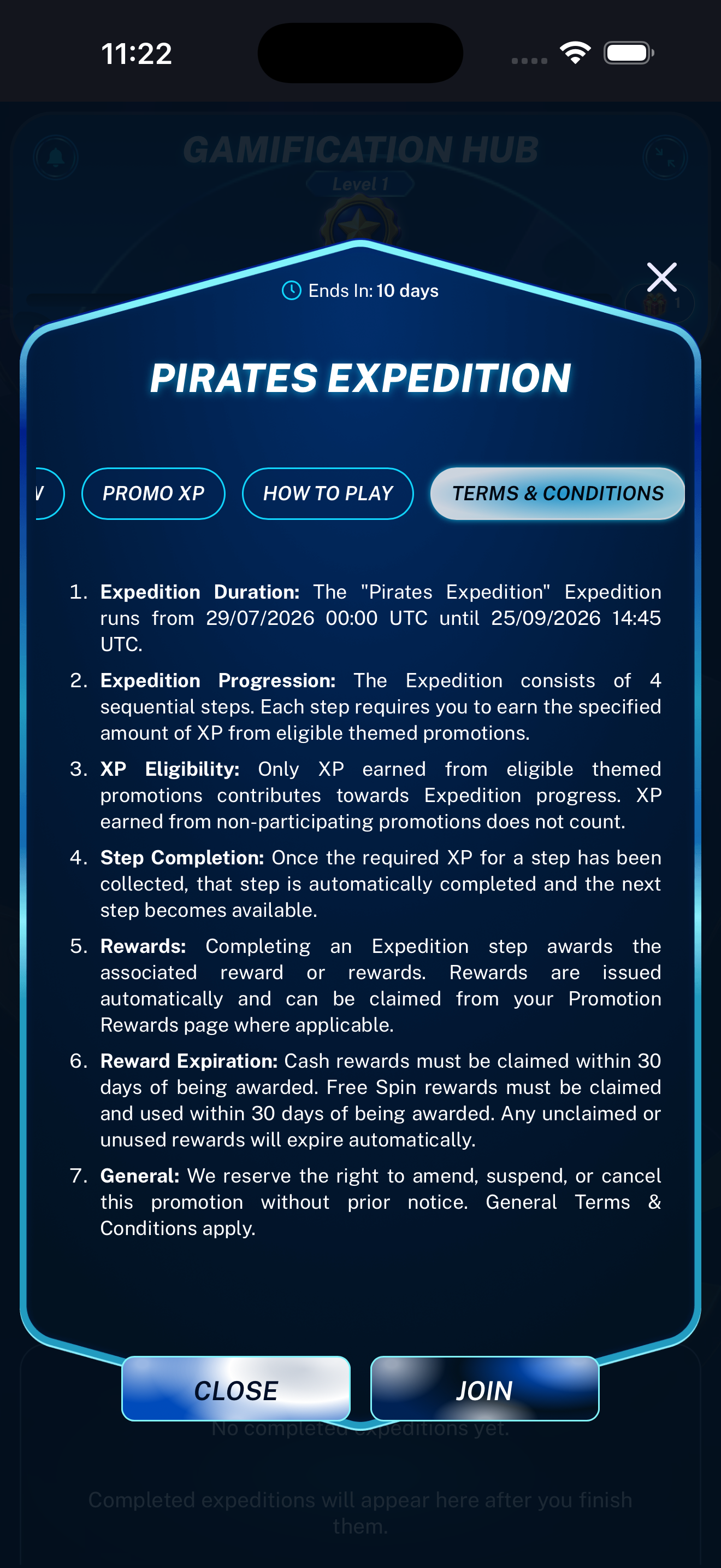 Expedition terms and conditions displayed on a mobile phone